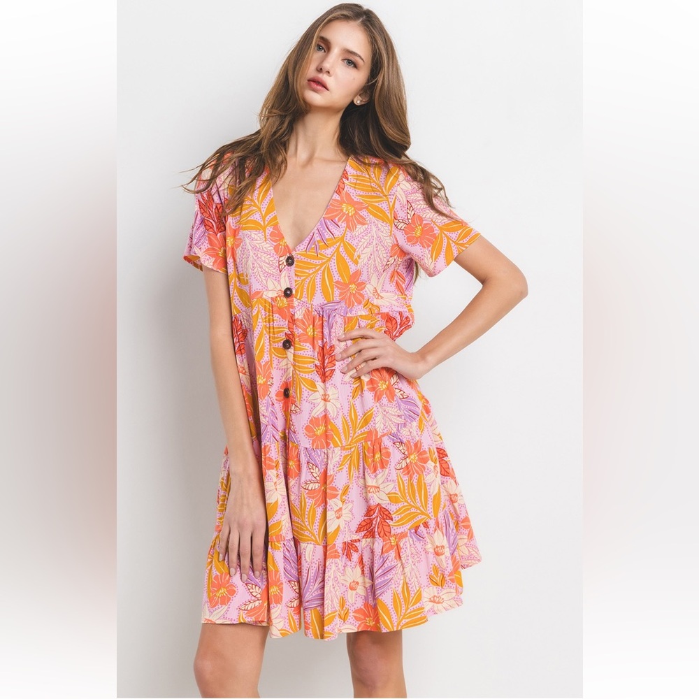 Floral Print Tiered Button Down Dress